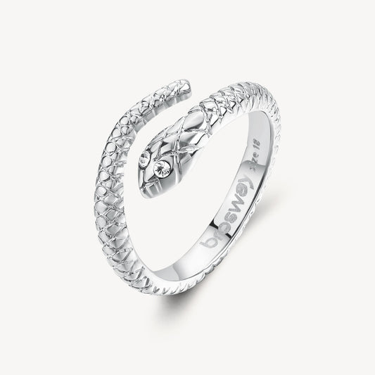 Snake-shaped ring with simulated diamond eyes.