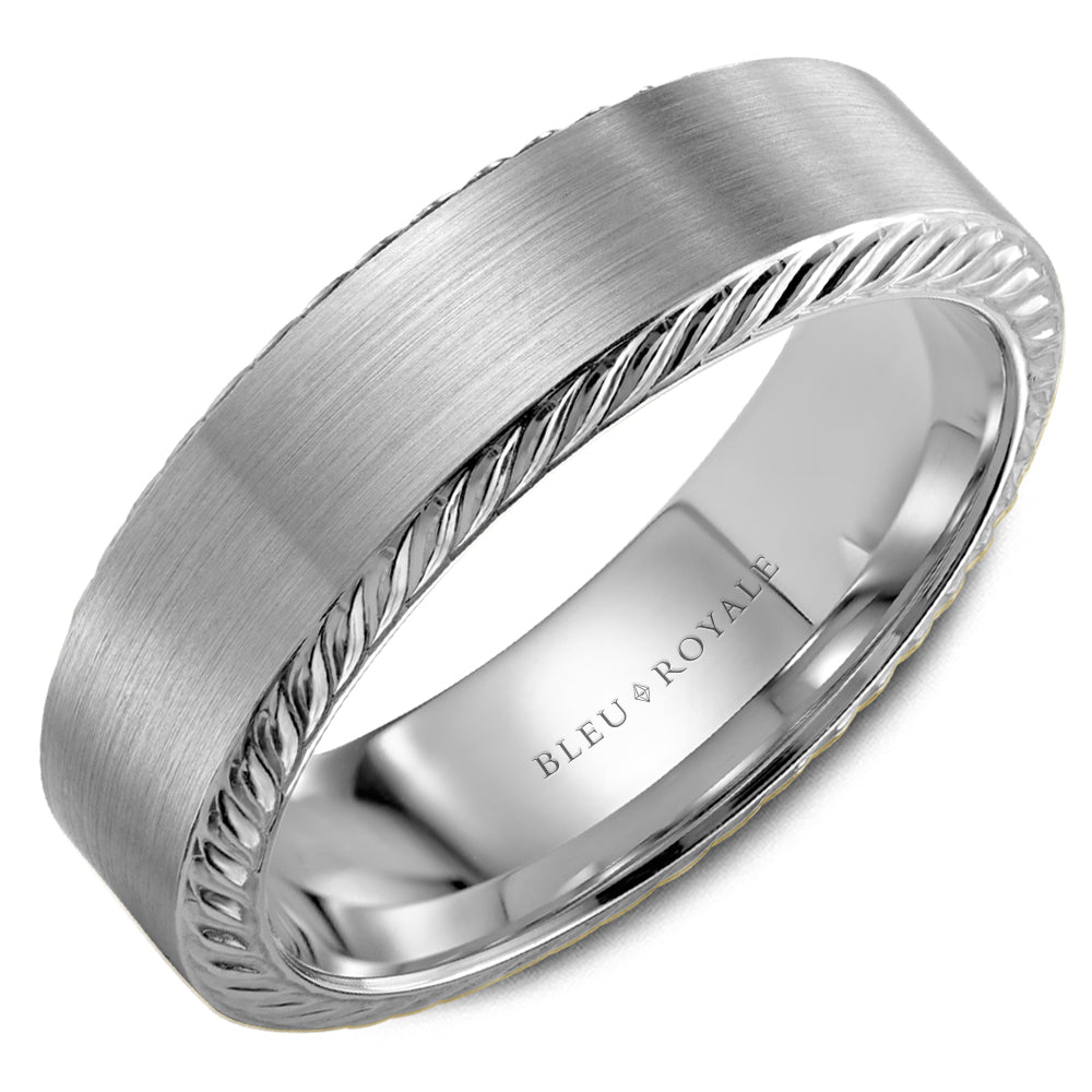 14K white gold band with braided edges.