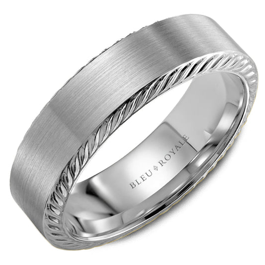 14K white gold band with braided edges.