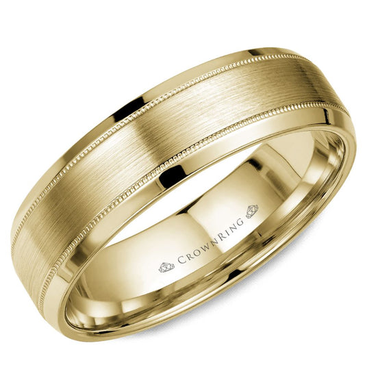 14K yellow gold carved band, satin finish.