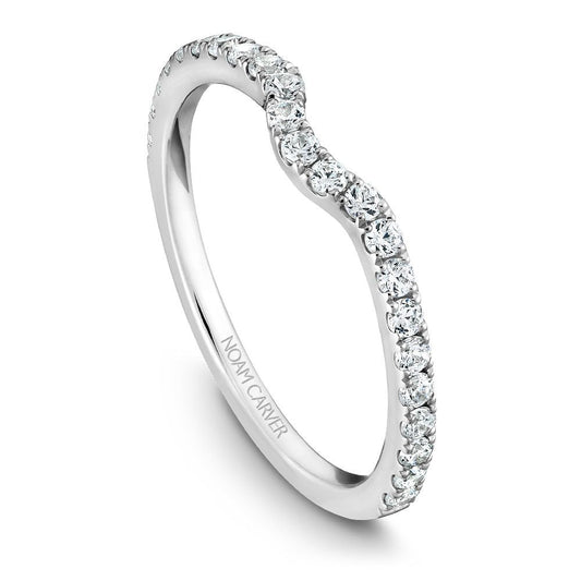 Rose gold band with round diamonds.