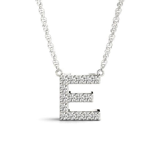 Diamond initial "E" necklace in white gold.