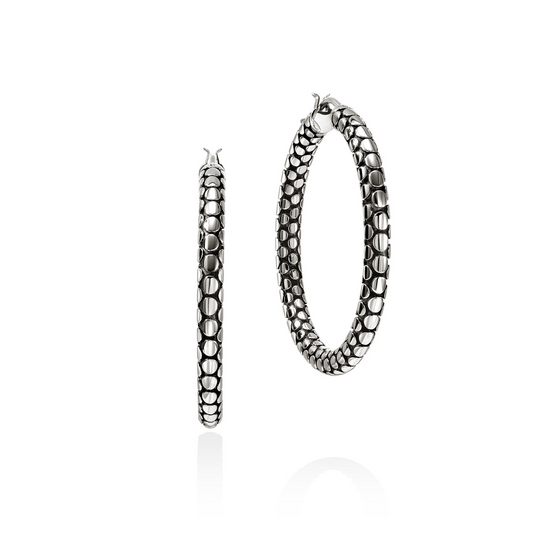 Sterling silver textured large hoop earrings.