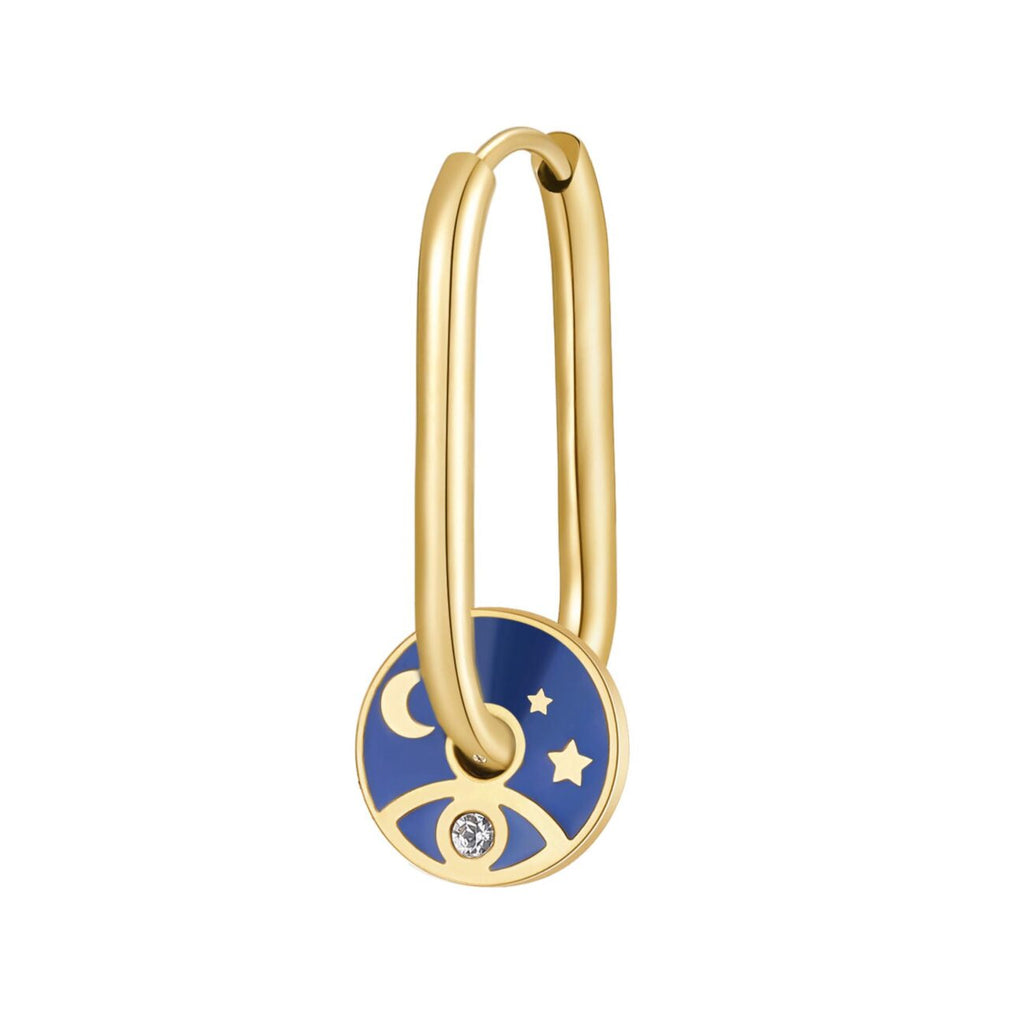 Yellow-blue paperclip earrings with celestial design.