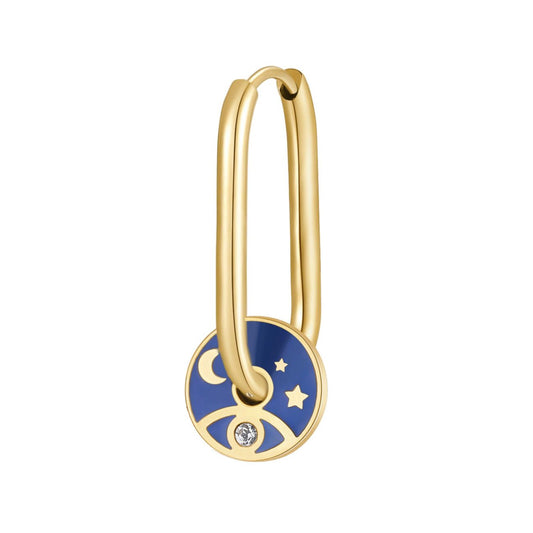 Yellow-blue paperclip earrings with celestial design.