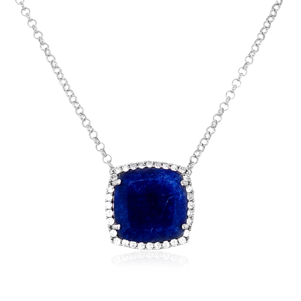 Cushion-cut blue quartz necklace in silver.