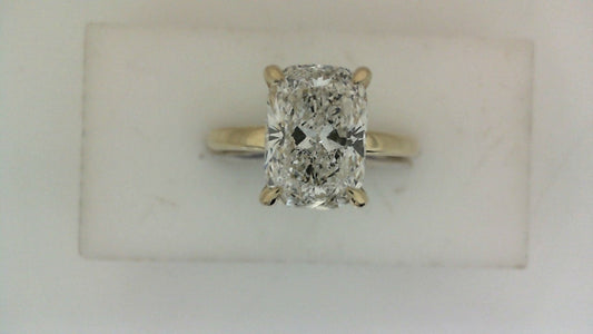 ReMARKable Designs Hidden Accent Lab-Grown Diamond Complete Engagement Ring in 14 Karat Yellow Gold with 2.57ct Elongated Cushion Center Lab-Grown Diamond, Color: E, Clarity: VVS2
