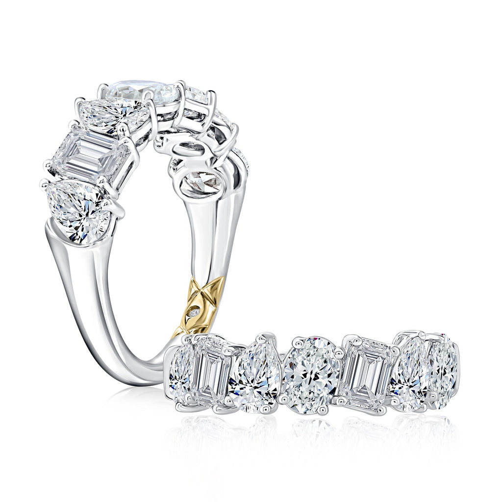 14K white gold band with mixed diamonds.