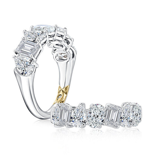 14K white gold band with mixed diamonds.