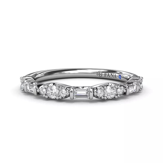 Diamond and sapphire wedding band in white gold.