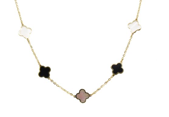 14K gold necklace with onyx, pearl clovers.