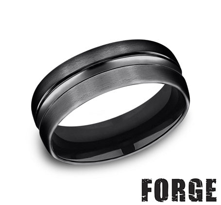 Black titanium carved men's band, polished finish.