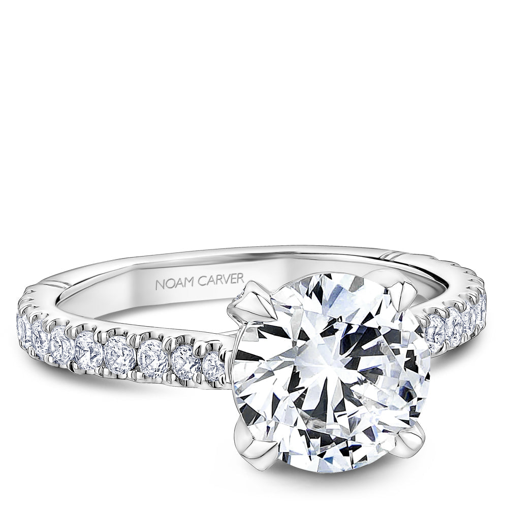 14K white gold engagement ring with 56 round diamonds.