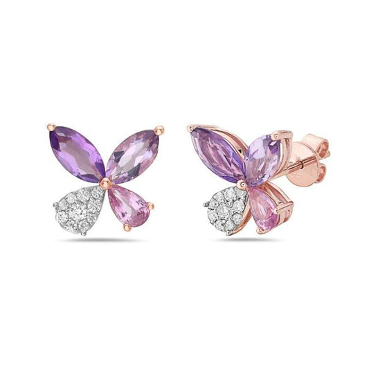 Rose gold earrings with amethysts and diamonds.