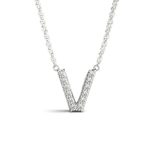 Diamond "V" pendant necklace in white gold.