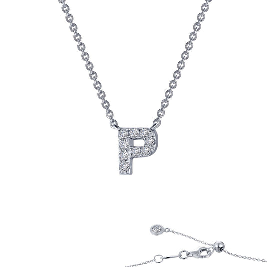 Simulated diamond initial "P" necklace.