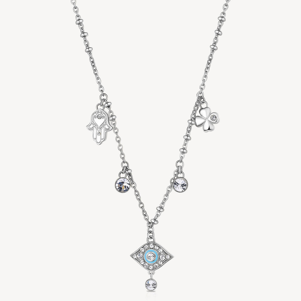 Stainless steel necklace with charms and stones.