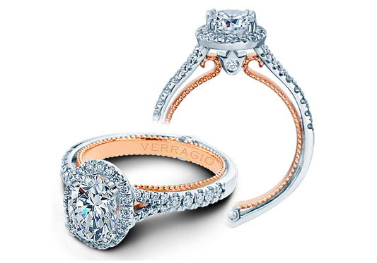 Halo diamond ring with white and rose gold.