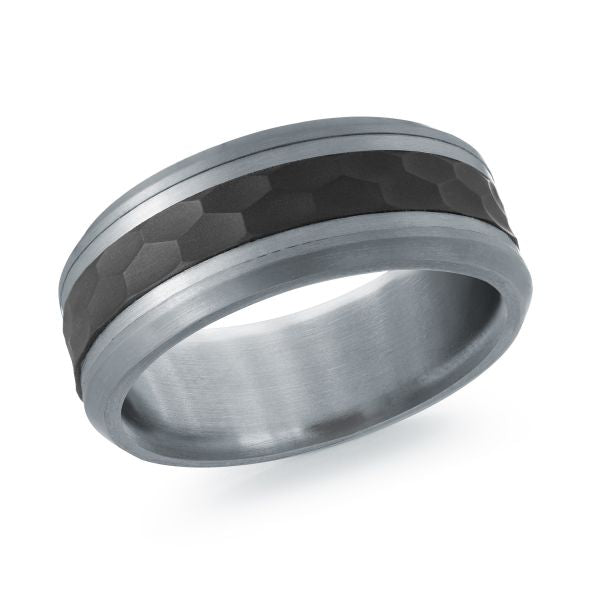 Tantalum band, black center, satin-hammered finish.