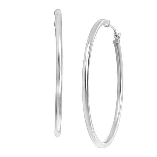 Polished 14K white gold medium hoop earrings.
