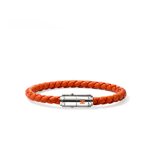 Orange braided leather bracelet, sterling silver clasp.
