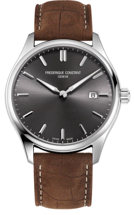 Stainless steel watch, dark grey dial, leather band.