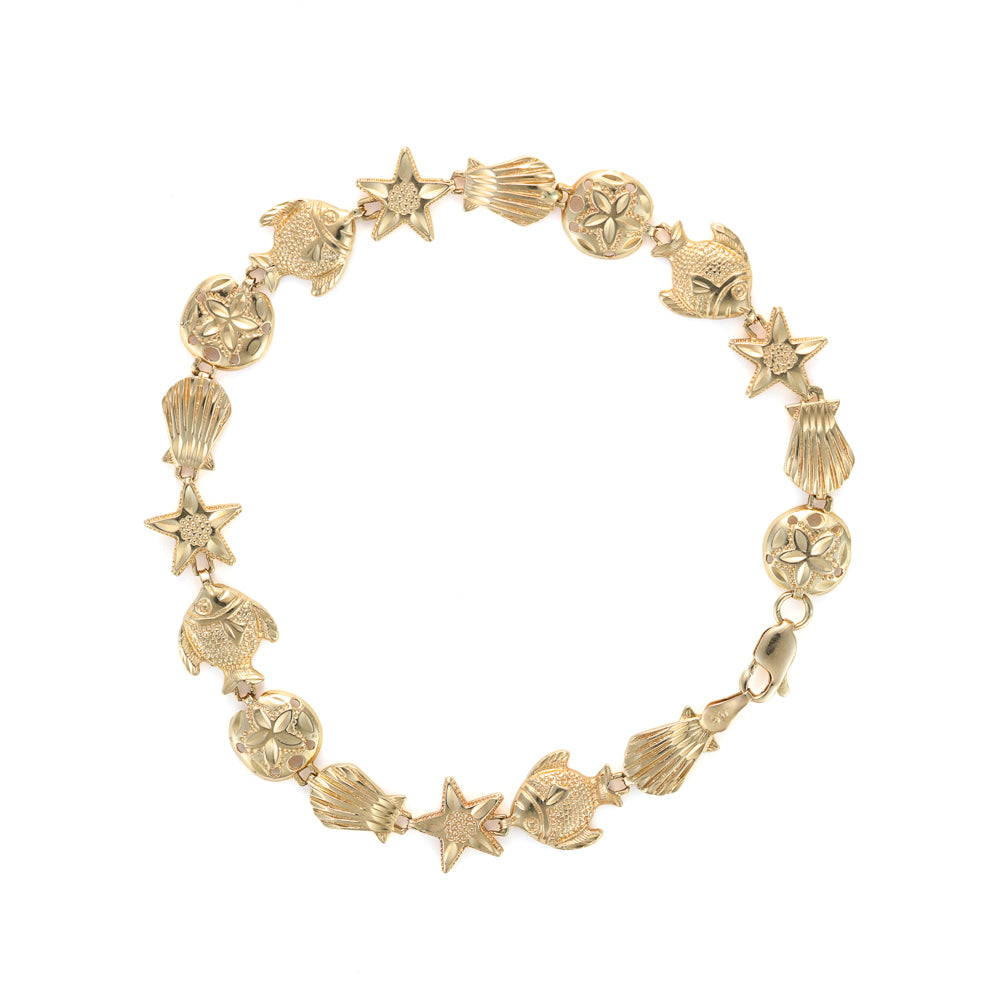 14K yellow gold sea-themed link bracelet.