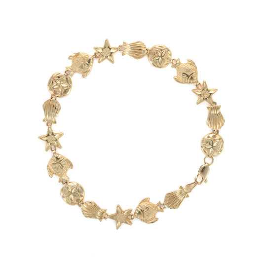14K yellow gold sea-themed link bracelet.