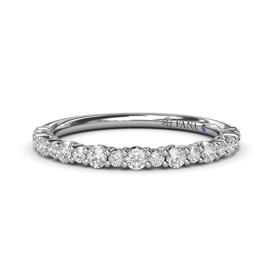14K white gold band with round diamonds.