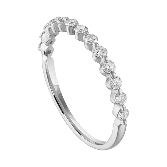 14K white gold band with round diamonds.