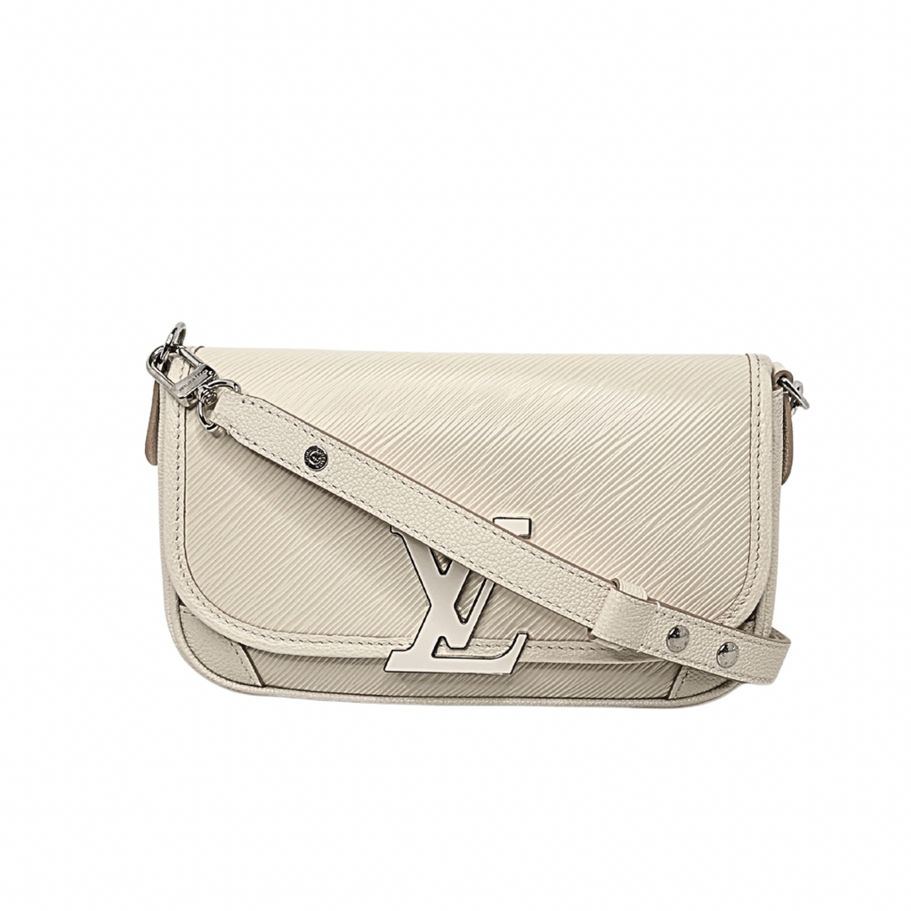 Quartz leather Louis Vuitton crossbody bag with silver hardware.