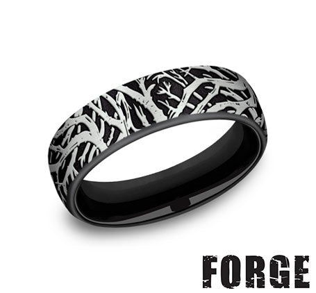 Titanium black-grey carved band with tree design.