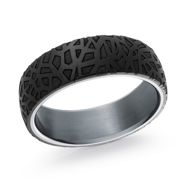 Black geometric textured tantalum carbon fiber band.