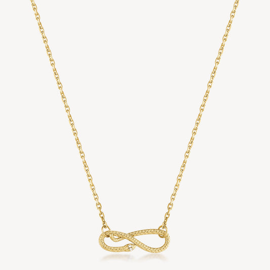 Gold infinity necklace with simulated diamond accents.