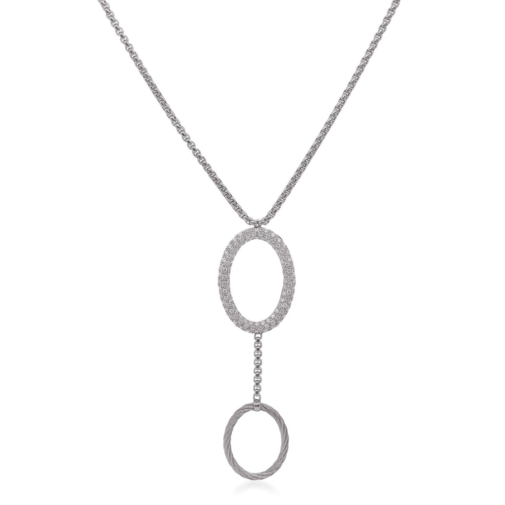 Diamond necklace with dual oval pendants.
