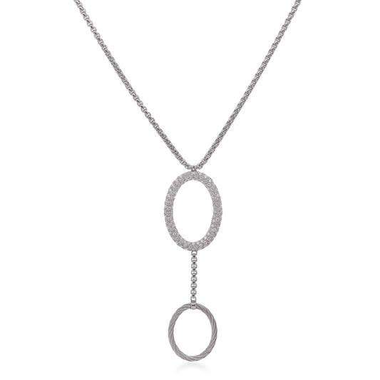 Diamond necklace with dual oval pendants.