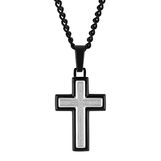 Black stainless steel cross necklace with diamonds.