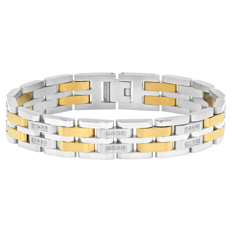 Stainless steel bracelet with diamonds and yellow accents.