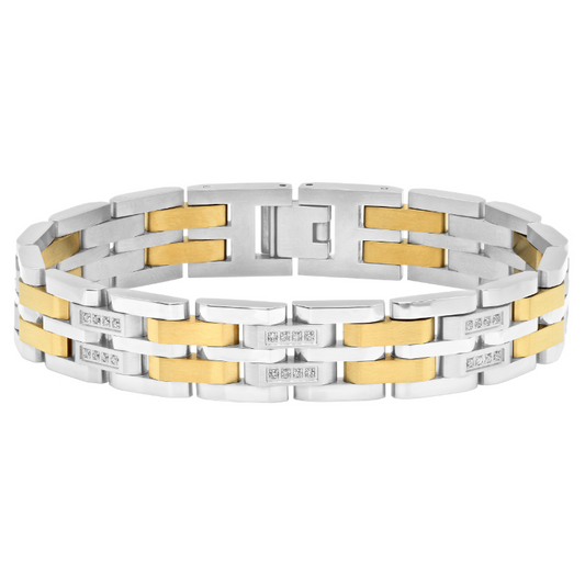 Stainless steel bracelet with diamonds and yellow accents.