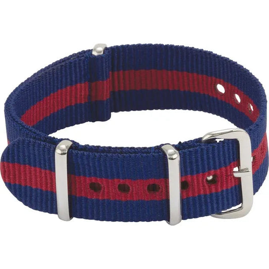 Blue and red striped nylon watch band.
