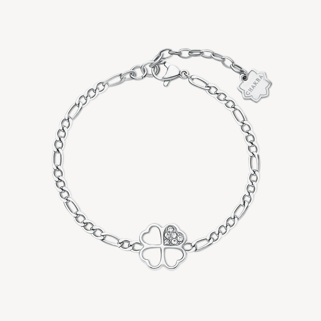 White stainless steel bracelet with crystal clover.