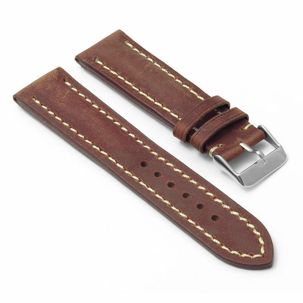 Rust leather watch band with buckle.