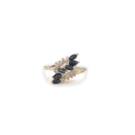 ReMARKable Estate Blue Sapphire Color Gemstone Ring in 14 Karat Yellow Gold with 6 Marquise 4mm Sapphires