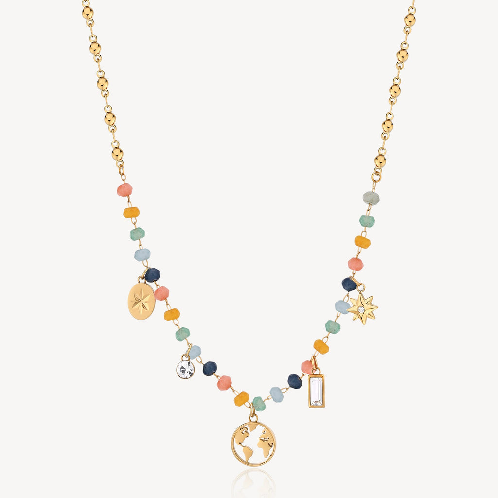 Colorful gemstone necklace with gold charms.