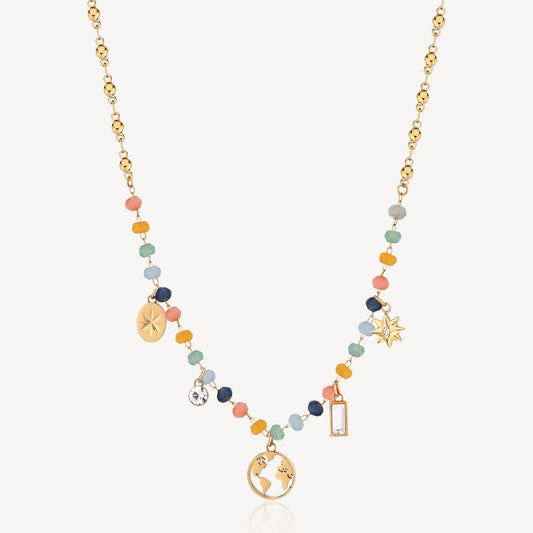 Colorful gemstone necklace with gold charms.