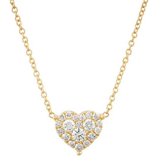 Heart-shaped diamond necklace, yellow gold chain.
