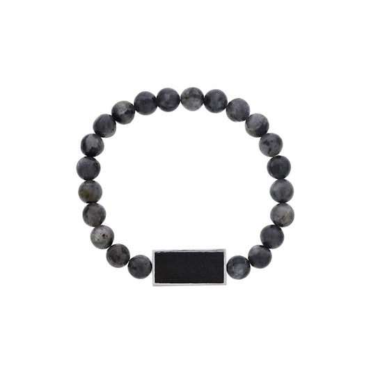 Elastic bracelet with labradorite beads and black plaque.