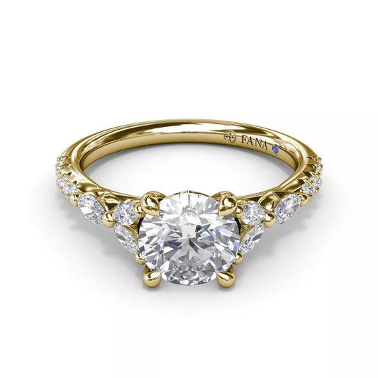 Yellow gold ring with round diamond accents.