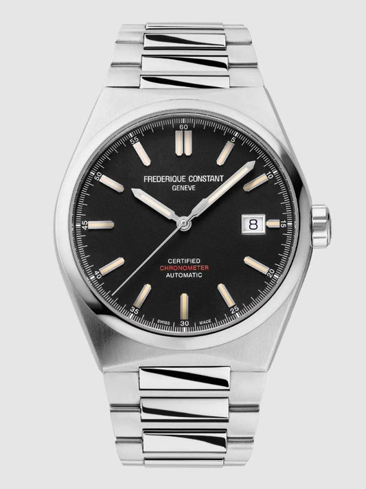 Stainless steel watch, black dial, silver markers.