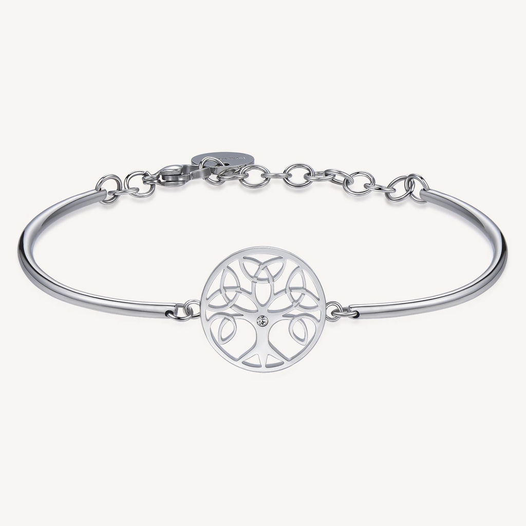 White stainless steel bracelet with tree charm.